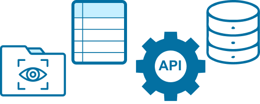 フォルダ監視、表形式データ、API、データベースのアイコン