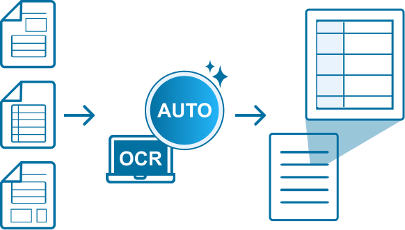 複数の帳票がOCRとAUTOアイコンを経由して表形式データへ自動抽出されるイメージ