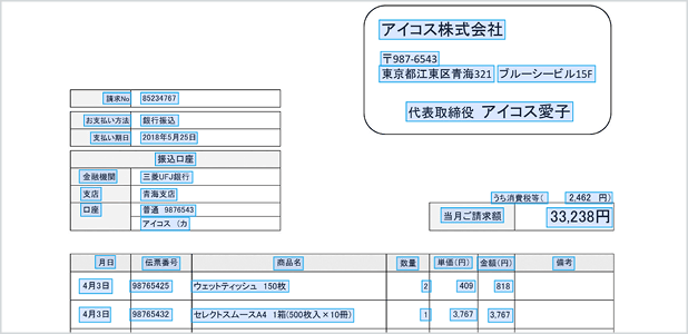 請求書の各項目が自動で抽出される